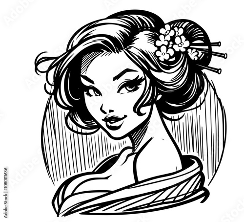 elegant geisha illustration with detailed hair and kimono black vector