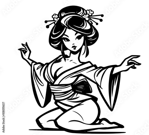 japanese geisha in kimono with floral patterns black vector art