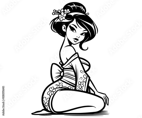elegant geisha sitting in traditional attire black vector illustration