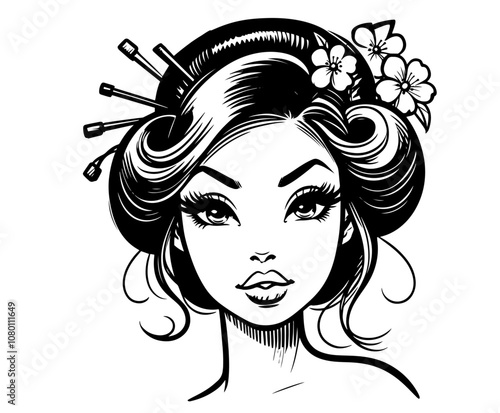 traditional japanese geisha portrait art with intricate style black vector
