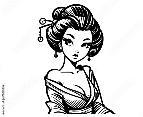 japanese geisha with floral hair decoration in pinup style – black vector