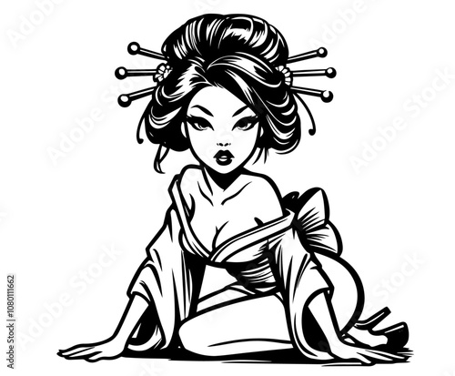 japanese geisha with floral hair decoration in pinup style – black vector