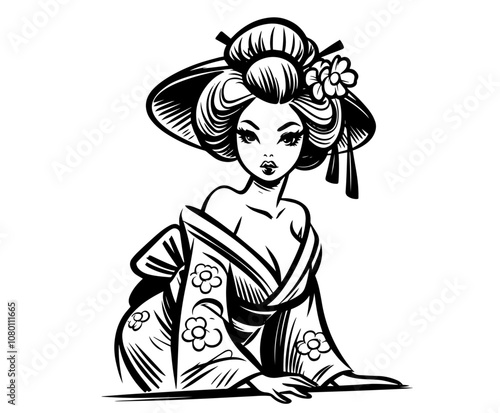 japanese geisha with floral hair decoration in pinup style – black vector