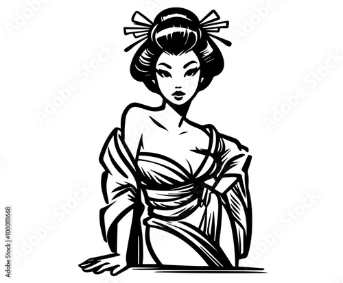 japanese geisha with floral hair decoration in pinup style – black vector