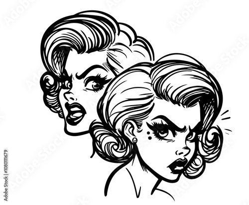 artistic sketch of stylish retro lady in black and white