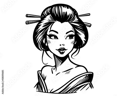 japanese geisha with floral hair decoration in pinup style – black vector