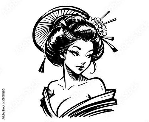 serene japanese geisha in seated pose with delicate expression – black vector