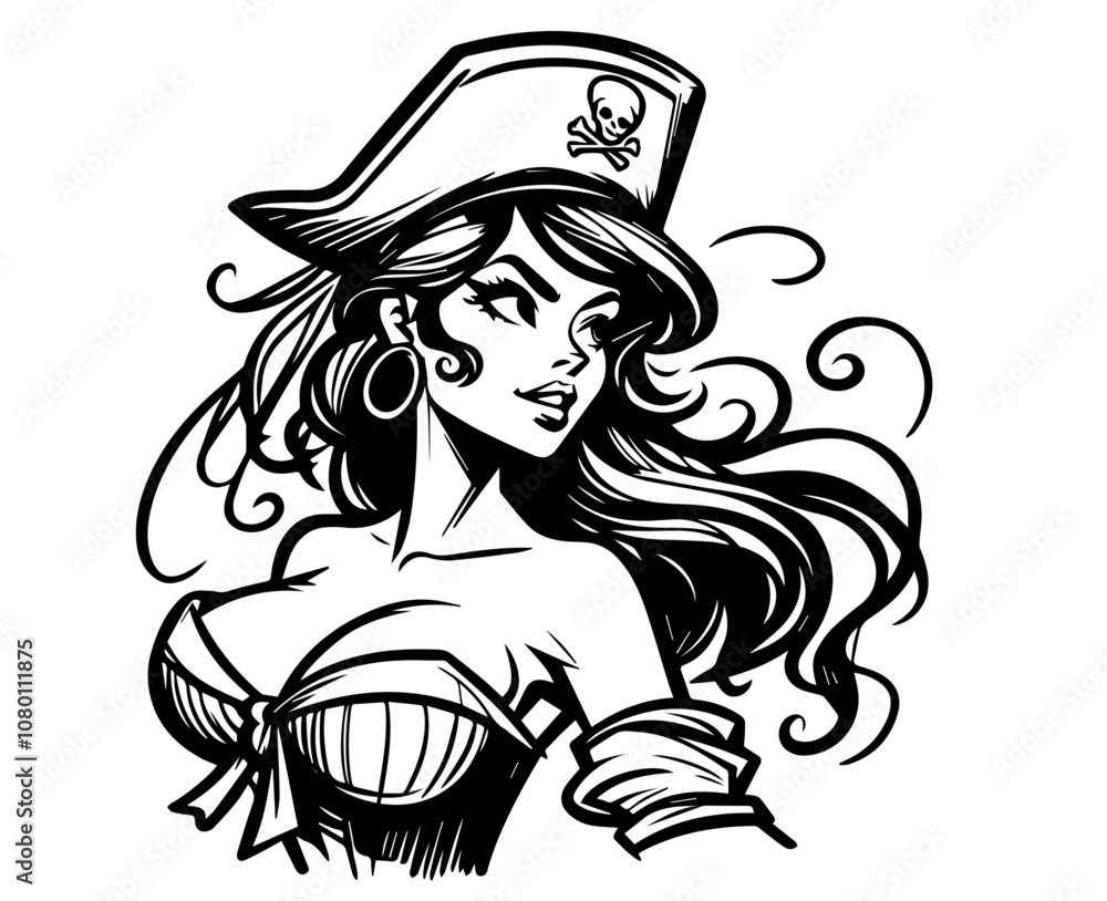 pinup pirate woman with stylish hat and retro charm black vector pinup pirate woman with stylish hat and retro charm black vector
