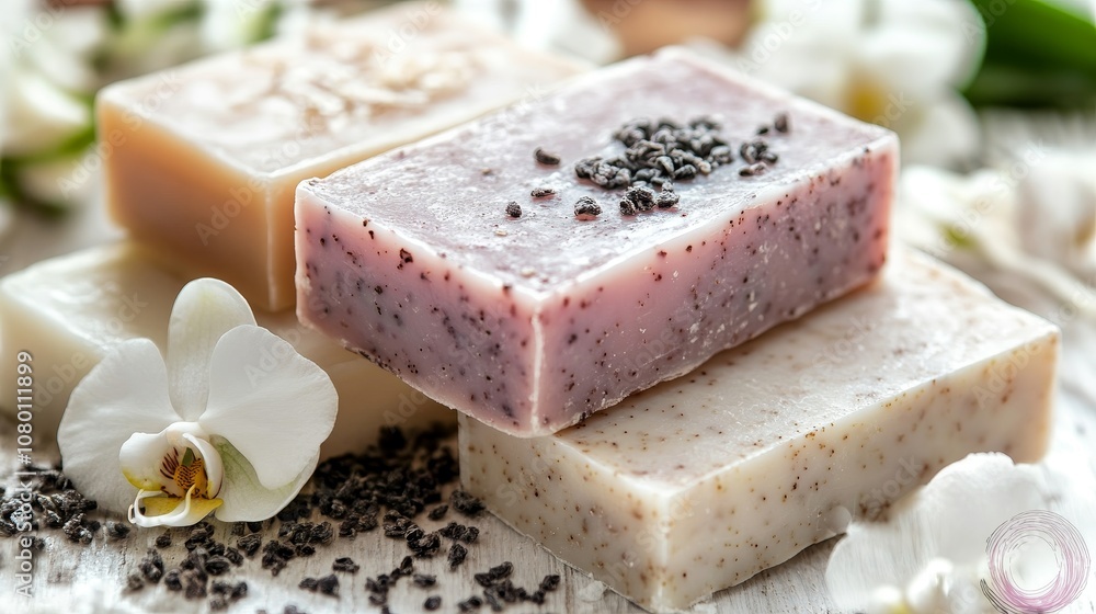 Luxurious Organic Soap Bars with Natural Ingredients and Delicate Orchid, Soft Light, Spa Concept Luxurious Organic Soap Bars with Natural Ingredients and Delicate Orchid, Soft Light, Spa Concept