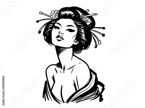 seductive pinup geisha illustration with traditional hairstyle – black vector