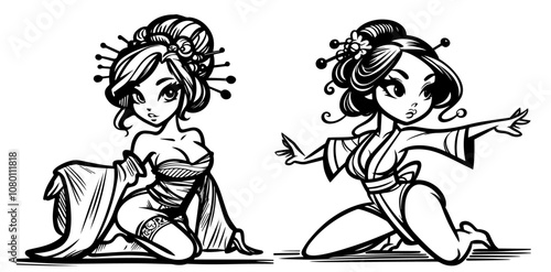 beautiful pinup geisha character in traditional attire – black vector