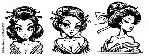 elegant pinup geisha woman with traditional look – black vector