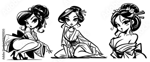 alluring geisha portrait in pinup style – black vector silhouette