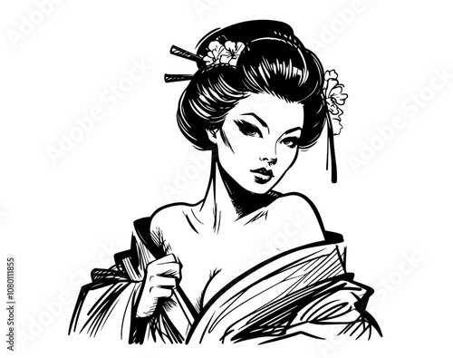 artistic representation of a geisha with floral accents black vector