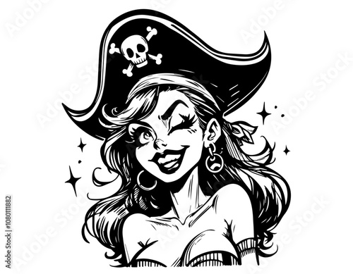 pirate woman character in detailed pinup art design black vector