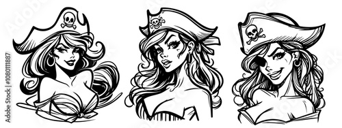 bold pirate girl illustration with iconic hat and skull symbol black vector
