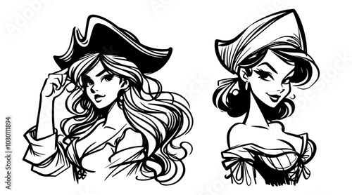 seductive pirate woman portrait in vintage pinup style black vector