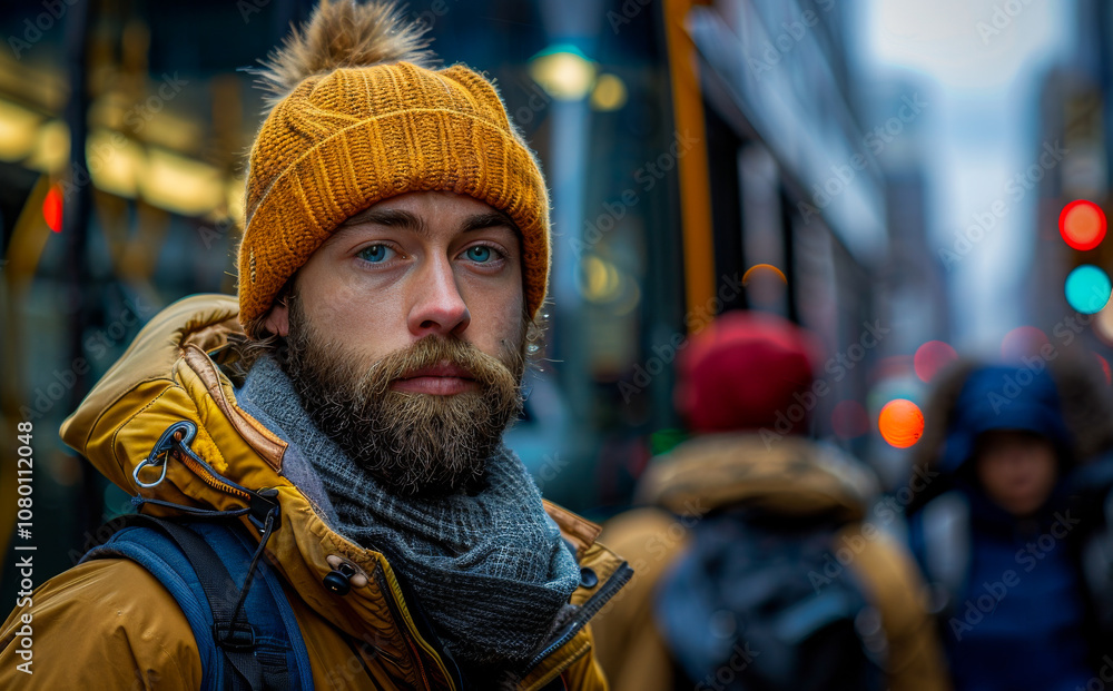 Bearded man in yellow hat walks city streets. A man with a beard and bright yellow hat stands in a bustling urban area, surrounded by blurred figures on a cold day. Bearded man in yellow hat walks city streets. A man with a beard and bright yellow hat stands in a bustling urban area, surrounded by blurred figures on a cold day.
