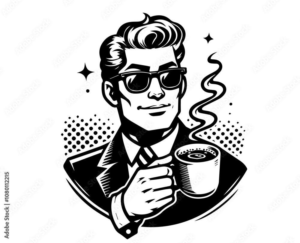 handsome retro man with coffee cup in hand black vector handsome retro man with coffee cup in hand black vector