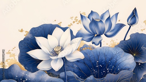 traditional chinese blue and white lotus illustration poster background
