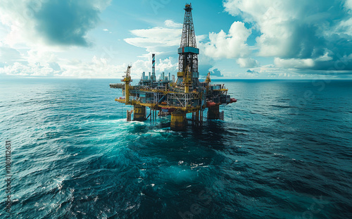 Oil rig at sea under cloudy sky. An offshore oil rig stands tall over the sea, with a backdrop of clouds and distant land, showcasing marine operations.