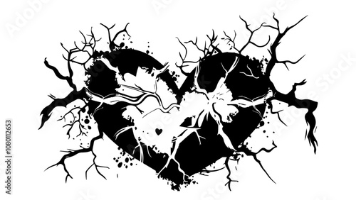 cracked heart illustration with artistic splashes black vector style