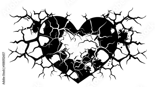 broken heart with dramatic cracks and splashes black vector illustration