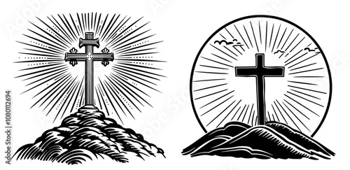 detailed illustration of cross with glowing rays – black vector