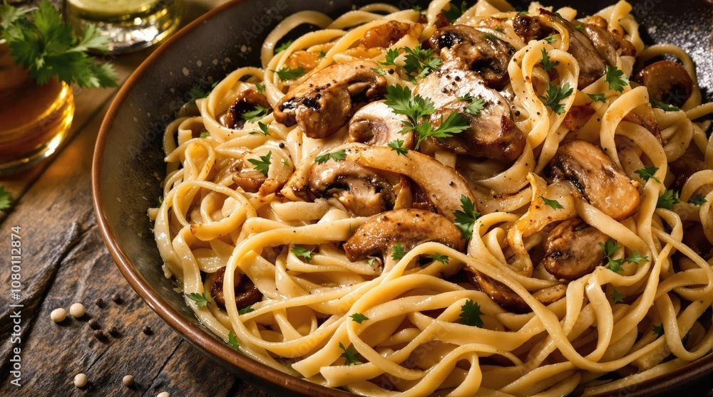 Vegan Mushroom Stroganoff With Onions, Garlic And Noodles, Plant-based Food Photography Vegan Mushroom Stroganoff With Onions, Garlic And Noodles, Plant-based Food Photography