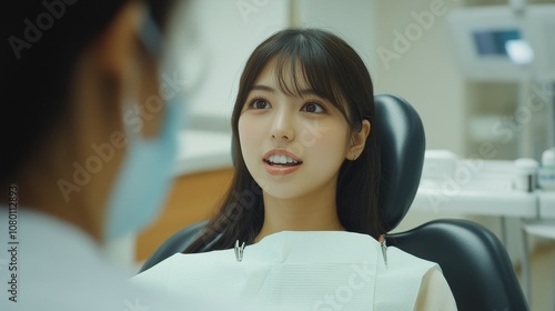 A japan woman in a dentist chair talking to her dentist 