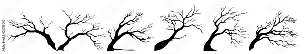 Obraz premium set of windswept tree silhouettes in black vector illustration