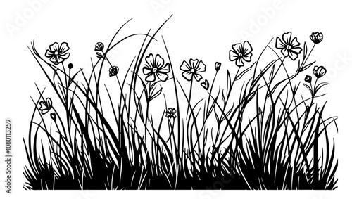 nature-inspired sketch of wild grass and flowers in hand-drawn black vector