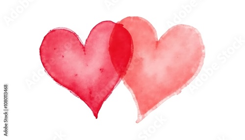 Watercolor illustration of two red hearts overlapping