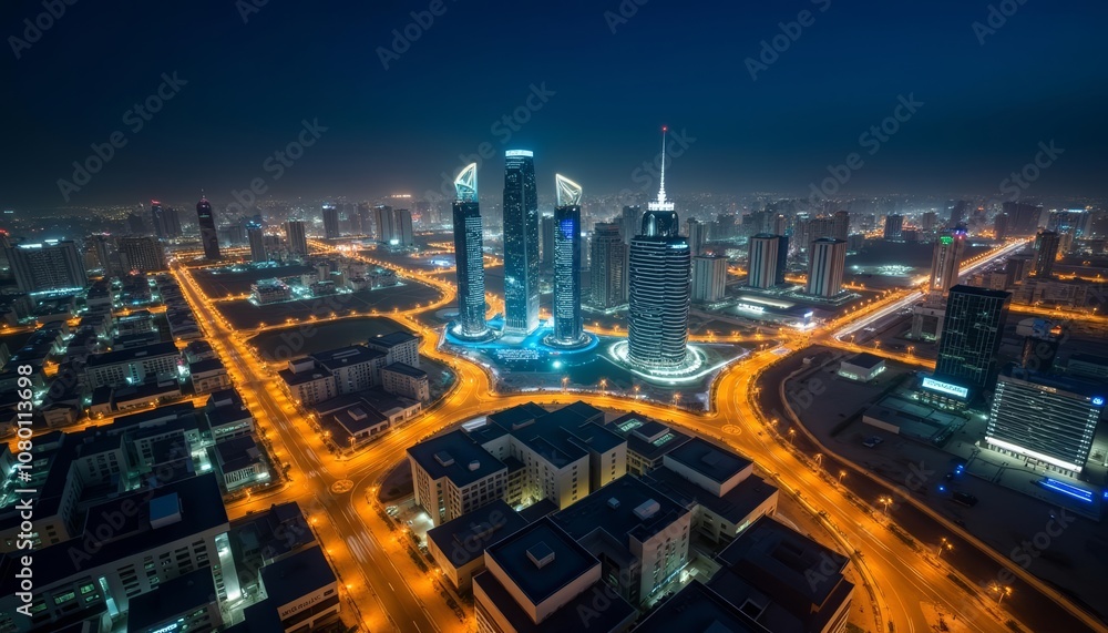 Fototapeta premium Bright city lights illuminate the night skyline