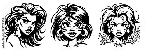 hand-drawn portraits of retro women with unique hairstyles and expressions
