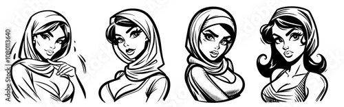 graphic rendering of women in traditional headscarves black and white vector set