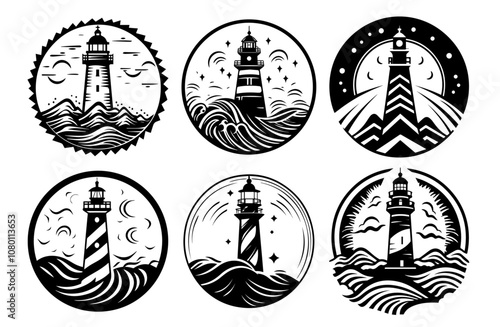 vintage lighthouse set featuring unique coastal illustrations black vector photo