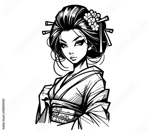 traditional japanese geisha illustration in retro line art style black vector