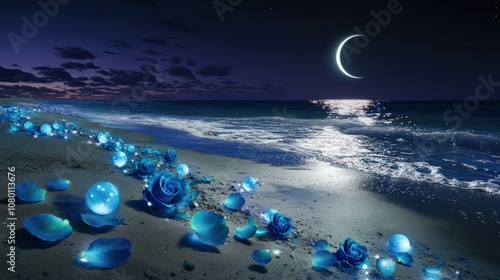 A tranquil beach under a silver-blue crescent moon that casts a radiant glow across the dark ocean waves. 