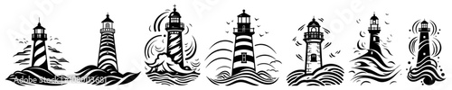 set of artistic lighthouse illustrations in hand-drawn retro style black vector