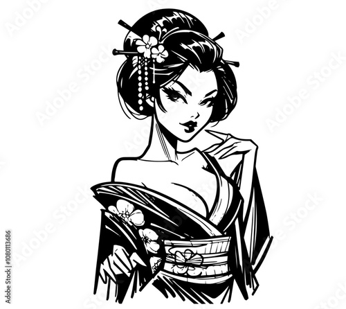 elegant geisha portrait in kimono with floral details black vector