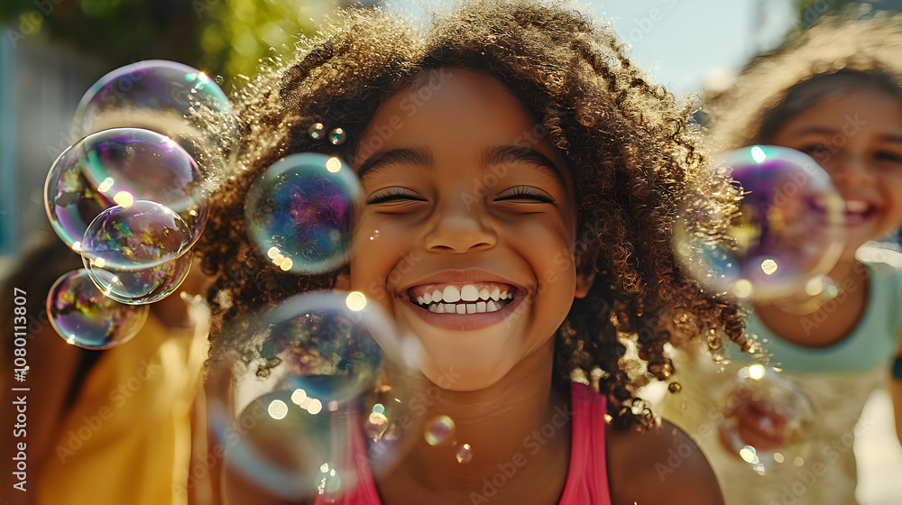 Smiling Girl Playing With Bubbles Photo Smiling Girl Playing With Bubbles Photo