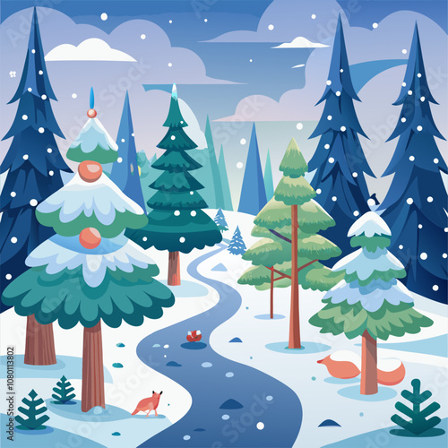 A minimalist illustration of a snowy forest path with a lone fox