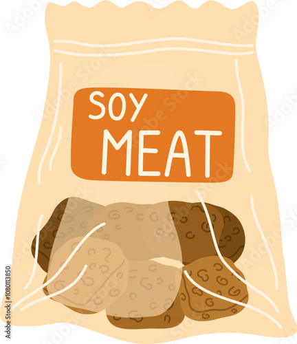 Soy meat product. Vegan plant-based protein alternative, soya pieces in bag package. Healthy vegetarian soybean food, veg soja produce in pack. Flat vector illustration isolated on white background