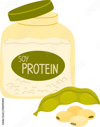 Soy protein powder. Vegan plant-based soya supplement from soybeans for bodybuilding. Healthy lactose-free soja whey ingredient, jar and pile. Flat vector illustration isolated on white background