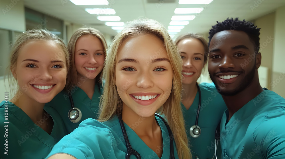 Smiling Group of Medical Professionals in Scrubs Photo Smiling Group of Medical Professionals in Scrubs Photo