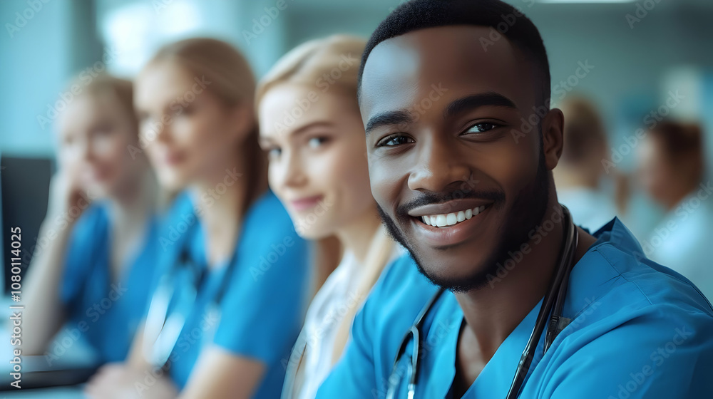 Smiling Male Medical Student in Blue Scrubs - Realistic Image Smiling Male Medical Student in Blue Scrubs - Realistic Image