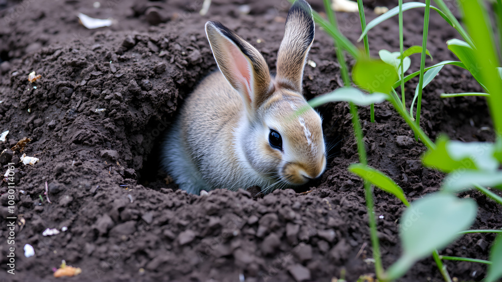 Rabbit digging in the soil, creating a cozy burrow where it can hide ...