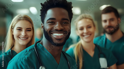 Smiling Medical Professionals in Green Scrubs - Photo