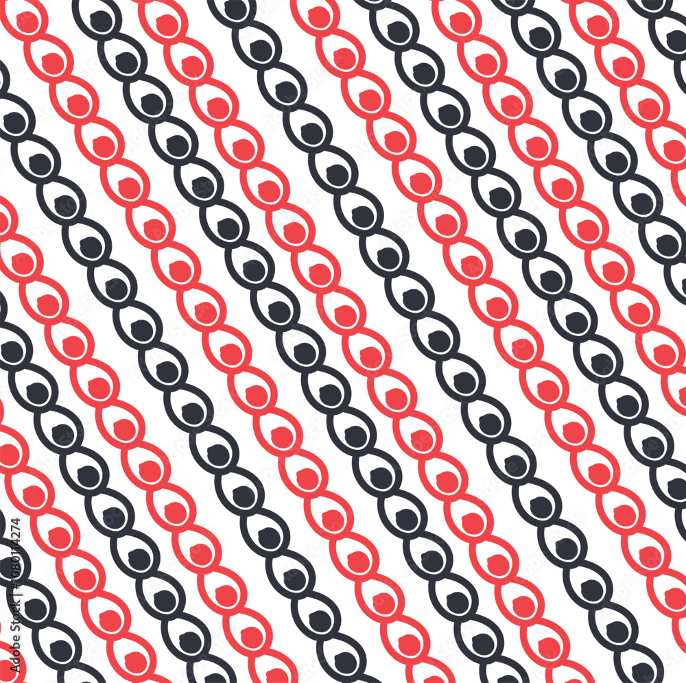 Fototapeta premium Red and black chains with round spots inside run diagonally.